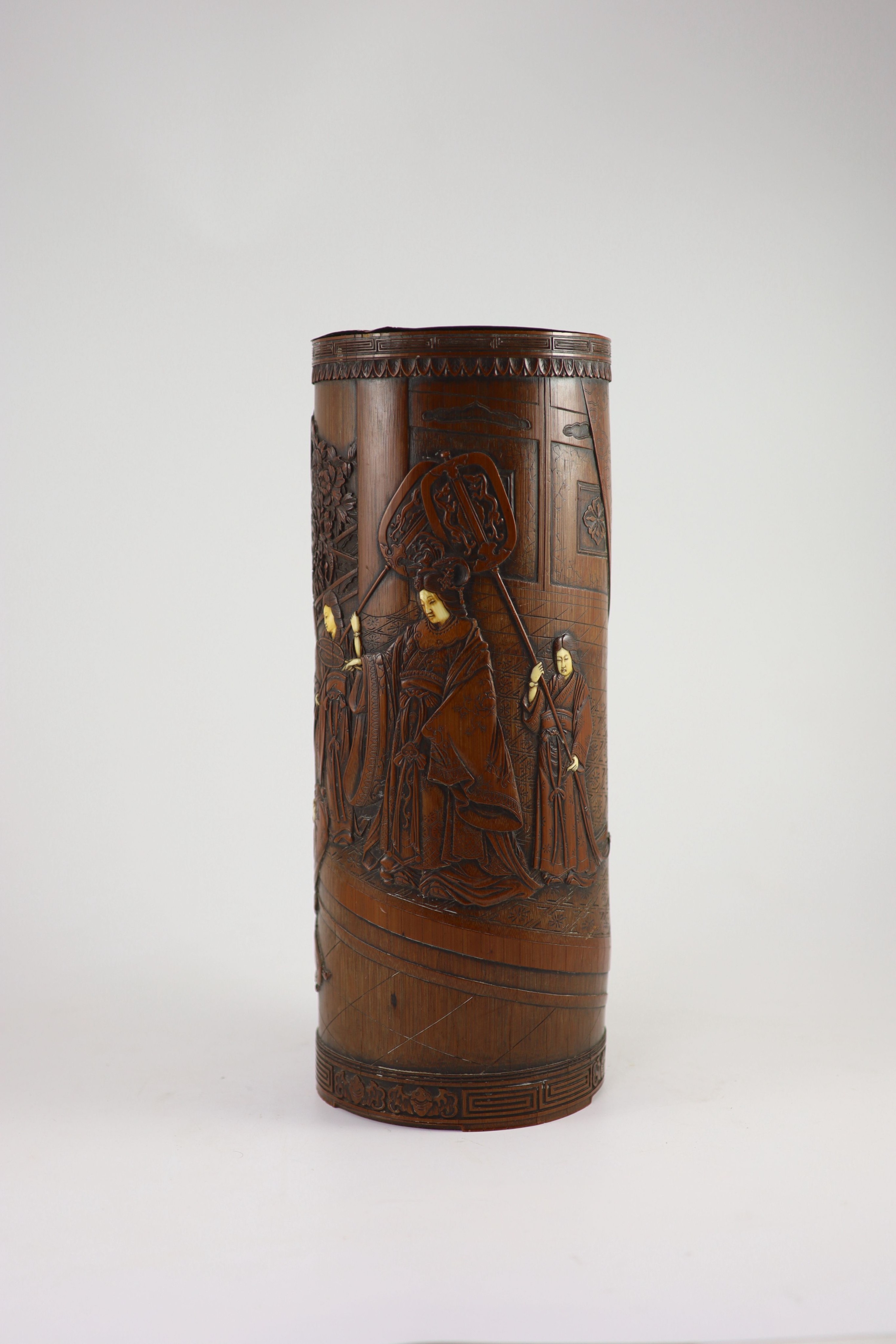 A tall Japanese bamboo and ivory inlaid brushpot, Meiji period, 39.5cm high